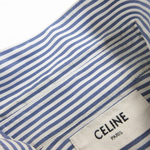 セリーヌ CELINE 近年 シルク シャツ ストライプ 長袖 37 青 白 ブルー 
