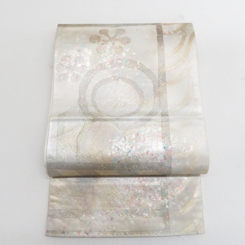 袋帯 正絹 グレーシルバー系 灰色x銀色x多色 金糸銀糸 抽象柄 六通柄