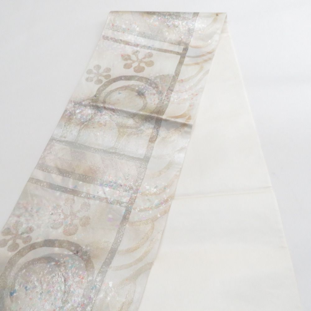 袋帯 正絹 グレーシルバー系 灰色x銀色x多色 金糸銀糸 抽象柄 六通柄