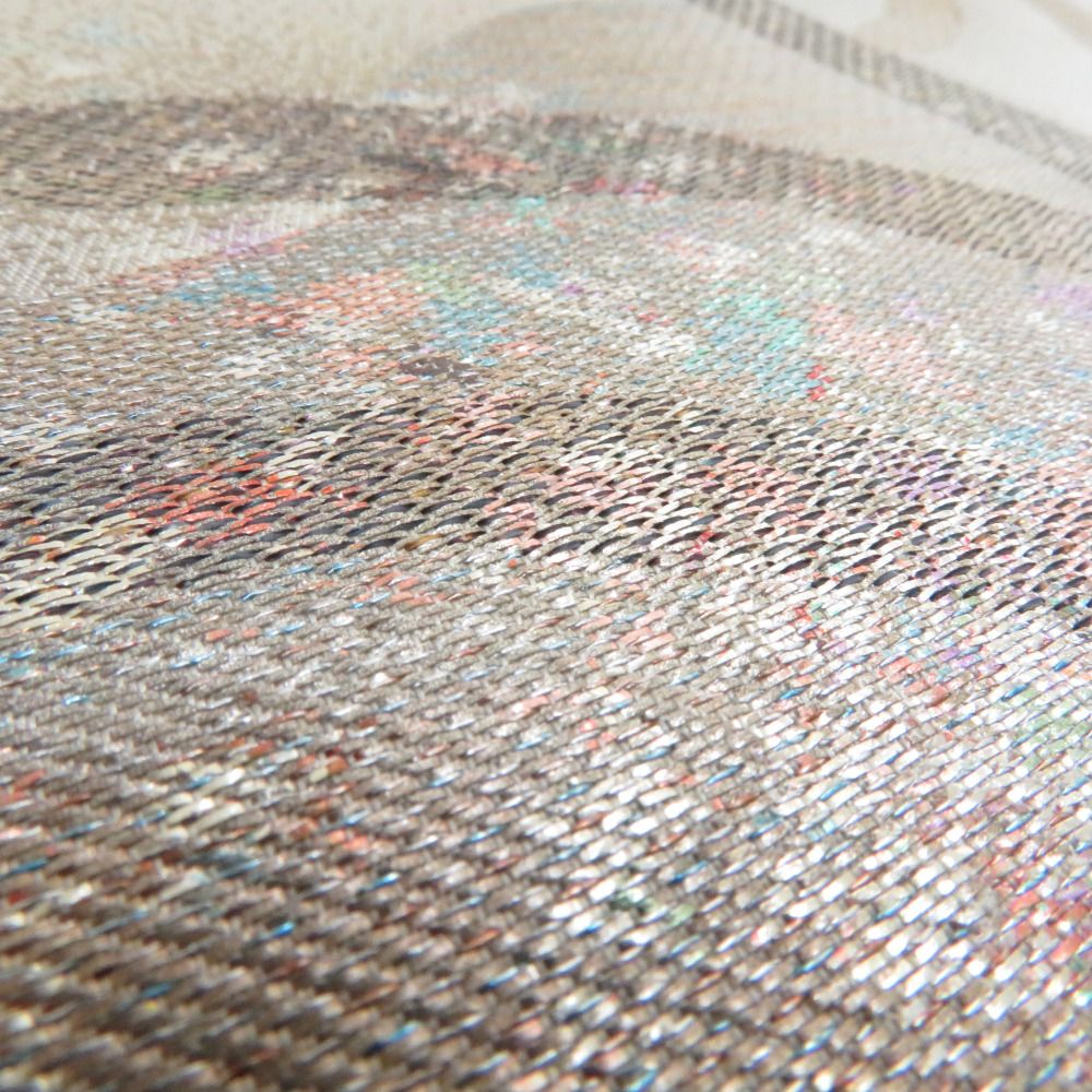 袋帯 正絹 グレーシルバー系 灰色x銀色x多色 金糸銀糸 抽象柄 六通柄