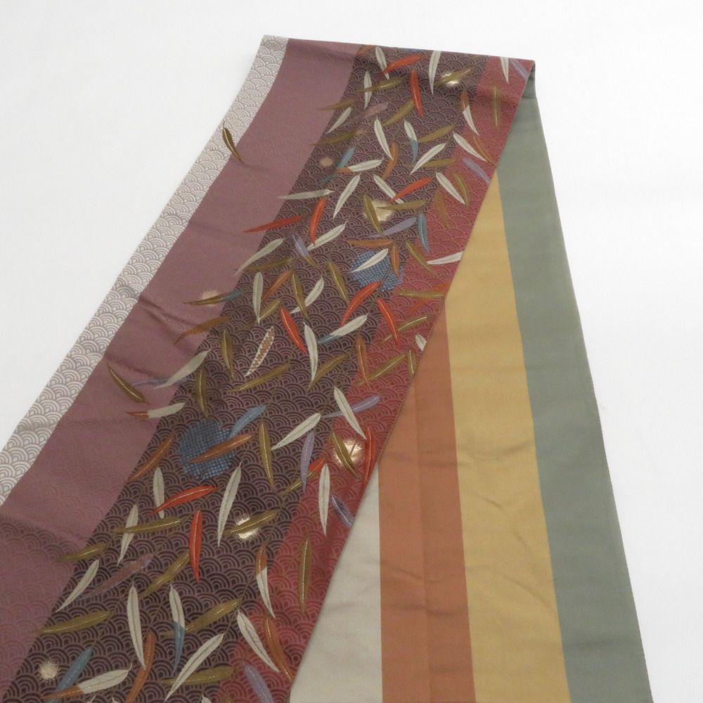 袋帯 洒落袋帯 正絹 茶色系 小豆色x薄紫色xオリーブグリーン 青海波