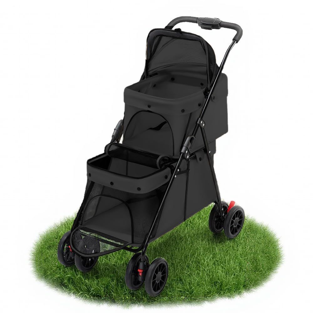 下段15 KG 上段10 耐荷重 ブラック 組み立て簡単 犬用ベビーカー 軽量 収納便利 介護用 通院 散歩 お出かけ 多頭飼い対応 耐荷重25 後輪ブレーキ付き 前輪360°回転 4輪 コンパクト 折り畳み ワンタッチ