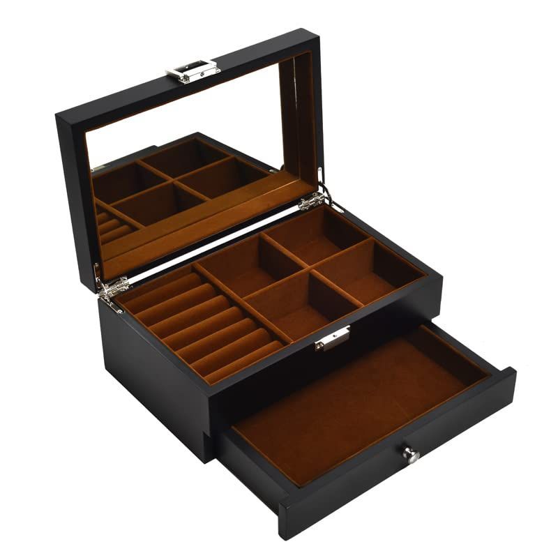 新商品 鏡付き アクセサリーケース 上品木製2層ジュエリー収納ボックス