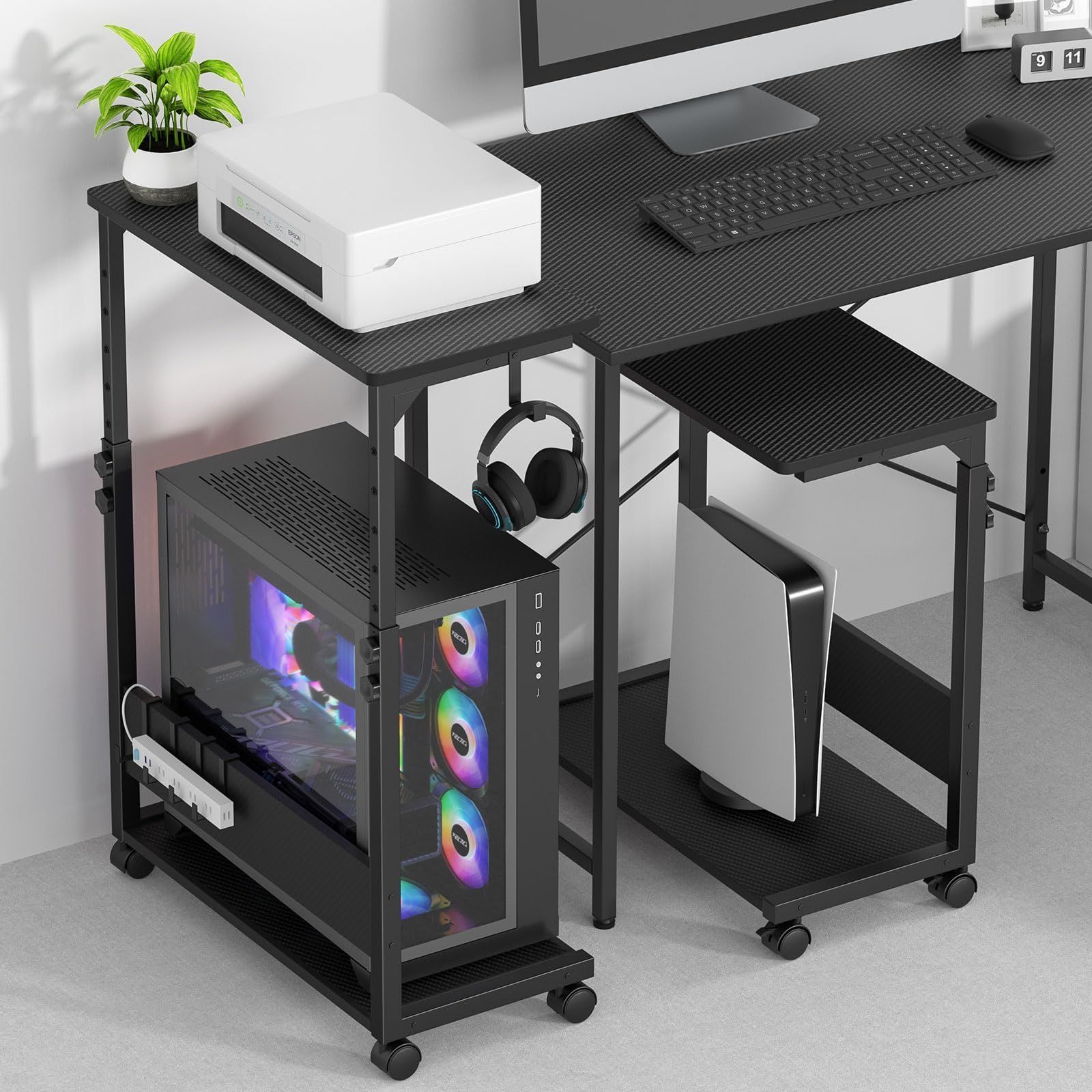 【新品】パソコンスタンド 黒 パソコンラック ゲーミングPCラック キャスター付 新品 pcラック 昇降式 ガレリア ゲーミングpc ワゴン パソコンラック