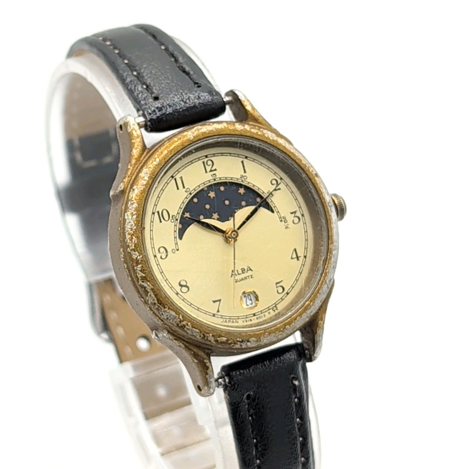 SEIKO ALBA V 318-6010 MoonFace Watch Quartz Ladies Round G Y 2 K 00 S Vintage Working セイコー アルバ ムーンフェイス 時計 クオーツ ラウンド ゴールド デイト ヴィンテージ