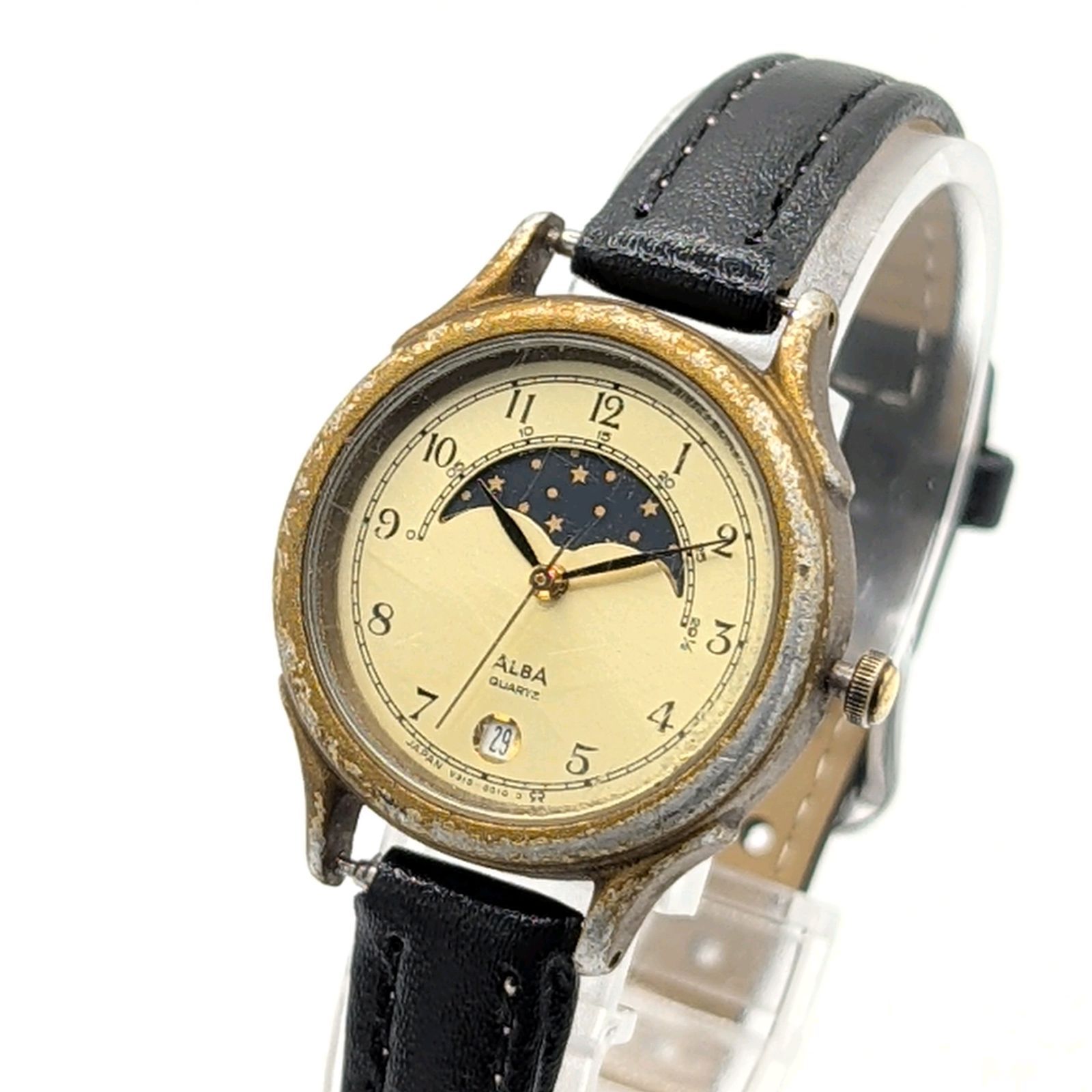 SEIKO ALBA V 318 6010 MoonFace Watch Quartz Ladies Round G Y 2 K 00 S Vintage Working セイコー アルバ ムーンフェイス 時計 クオーツ ラウンド ゴールド デイト ヴィンテージ