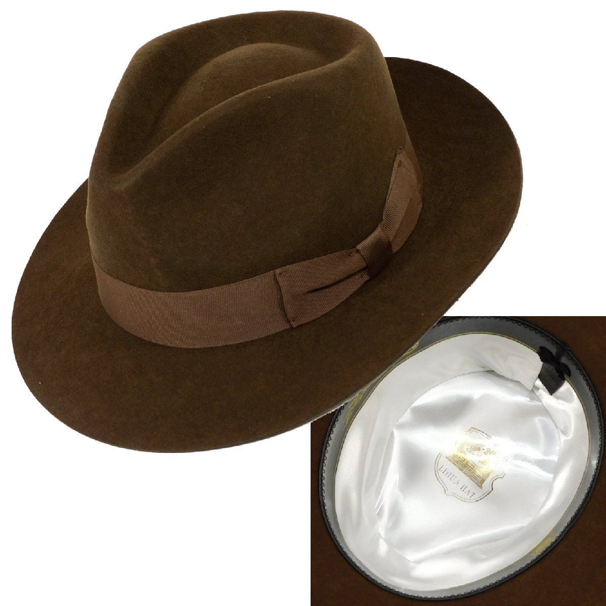 中折れハット 60 cm Lサイズ ハードフェルト ブラウン フェドーラ 紳士ハット ワイドブリム