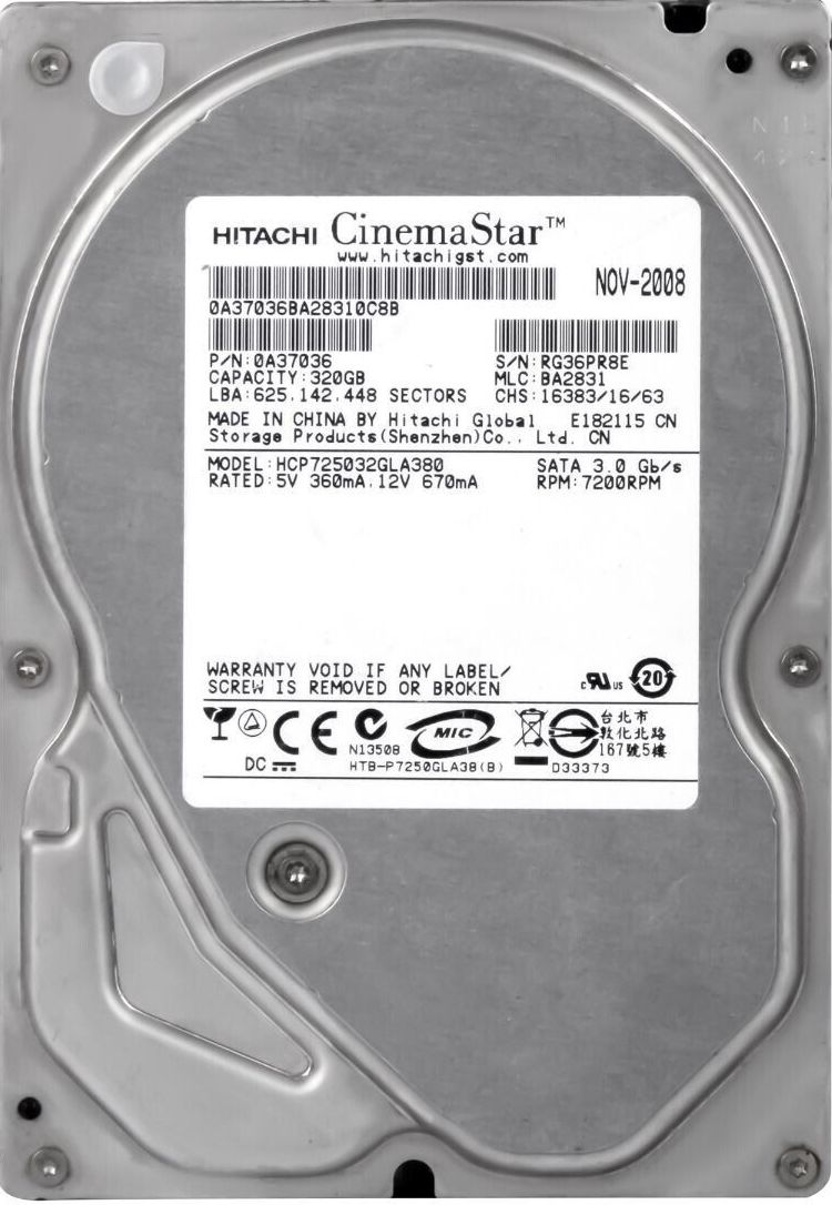 【3年保証】Hitachi Cinemastar P7K500 HCP725032GLA380 320GB 7200RPM 8MB SATA II 3