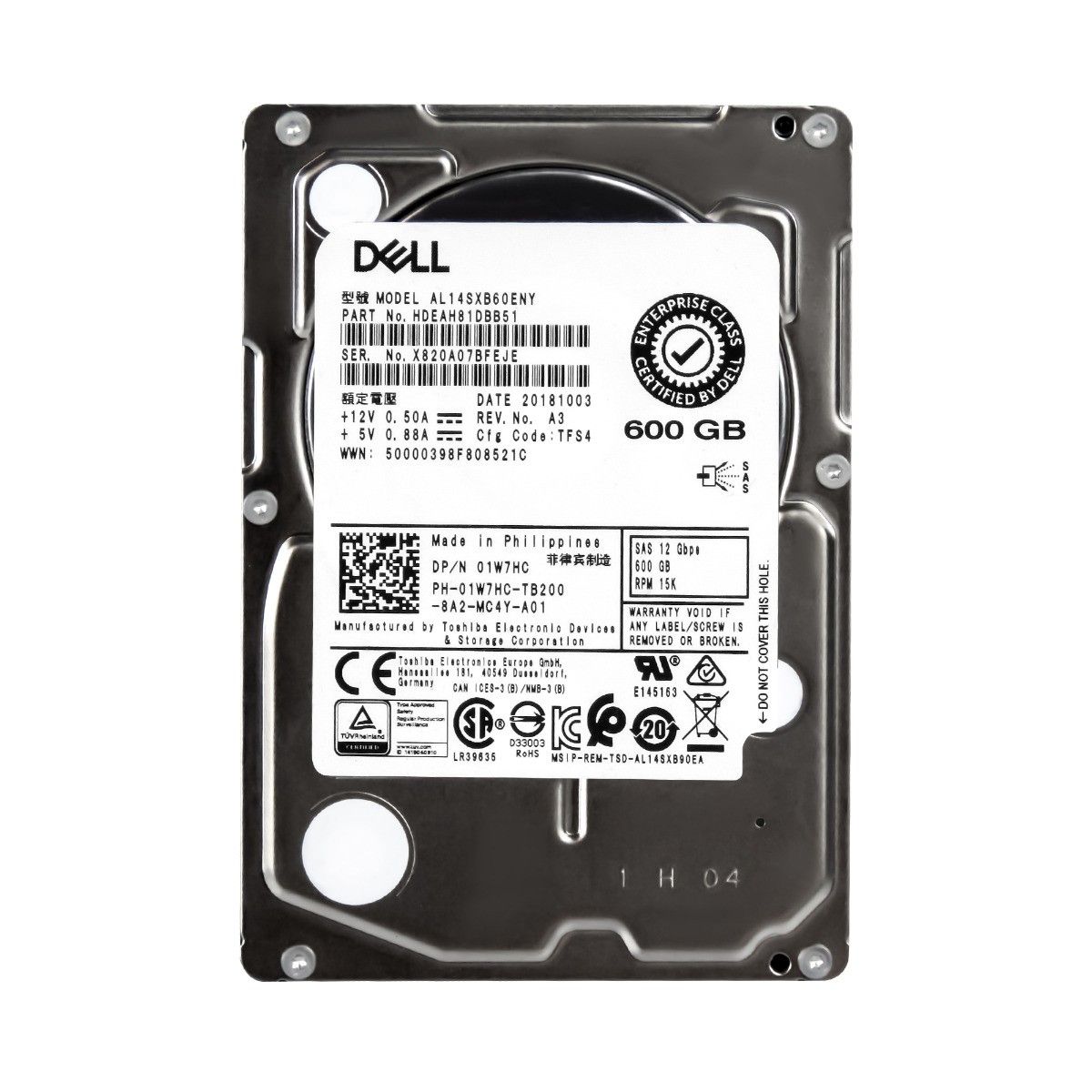 【3年保証】DELL 01W7HC 600GB SAS-3 15K 128MB 2.5 AL14SXB60ENY
