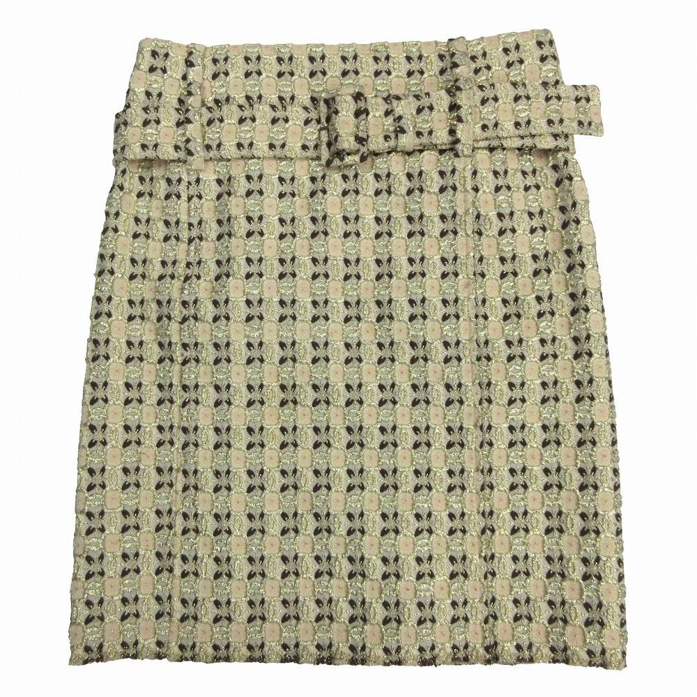 PRADA プラダ ジャガード総柄 ベルト付き タイトスカート ひざ丈 ベージュ ゴールドラメ サイズ38 S レディース