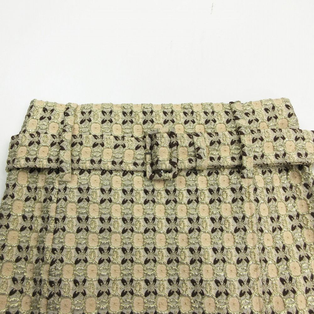  PRADA プラダ ジャガード総柄 ベルト付き タイトスカート ひざ丈 ベージュ ゴールドラメ サイズ38 S レディース タイトスカート ひざ丈スカート