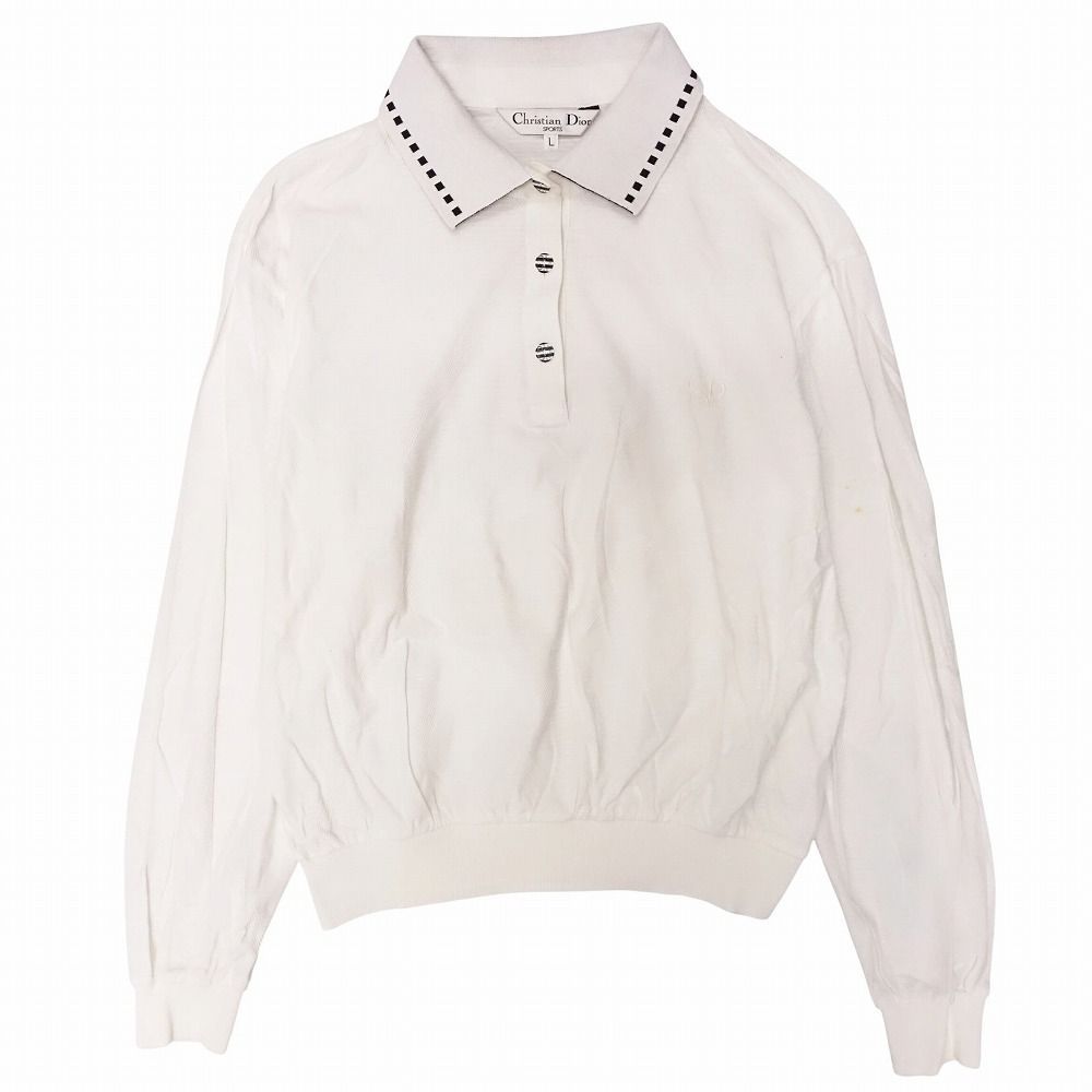 Vintage Christian Dior クリスチャンディオール ロゴ ポロシャツ 長袖 フェンス柄 トップス サイズL ホワイト レディース
