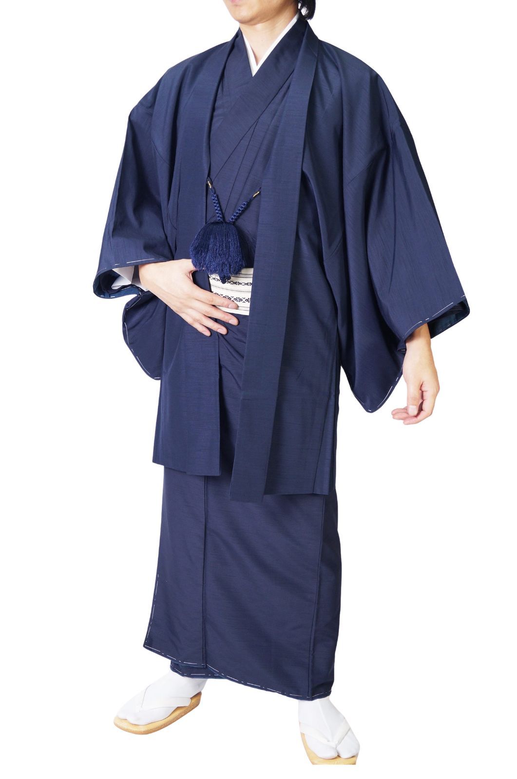 着物 男物 メンズ 洗える紬風 アンサンブル 羽織セット PO 71 11 2点セット S M L LL 3 4 5 紺
