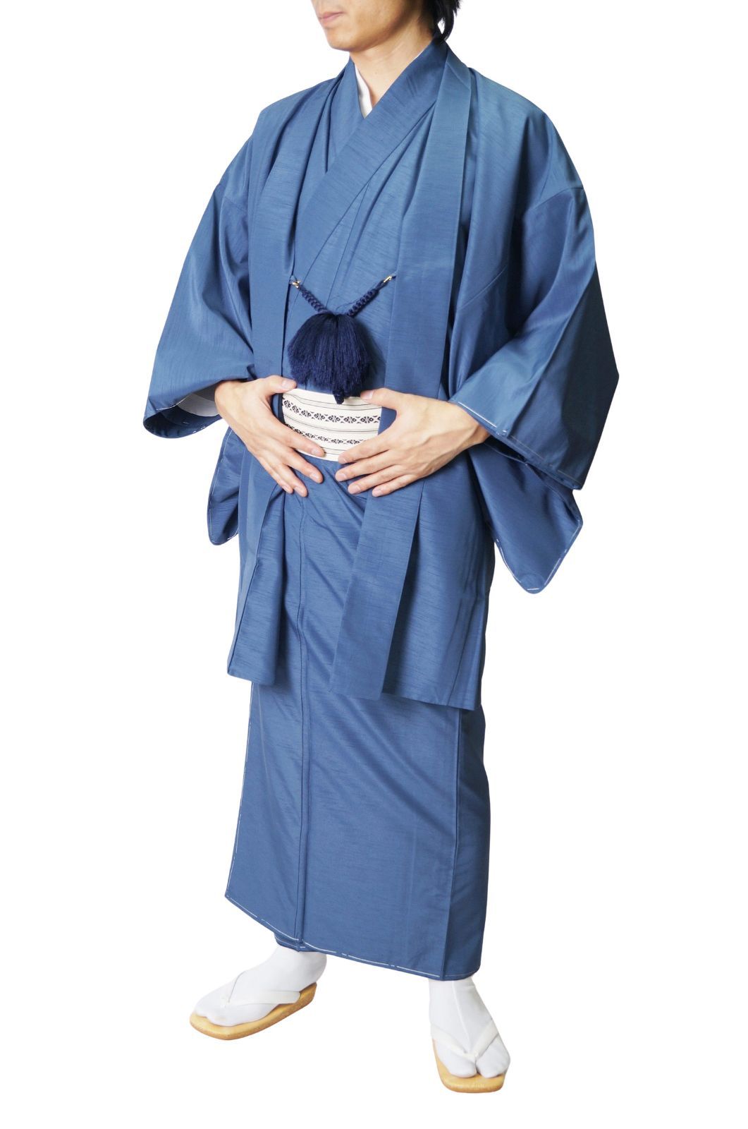 着物 男物 メンズ 洗える紬風 アンサンブル 羽織セット PO 71 11 2点セット S M L LL 3 4 5 青