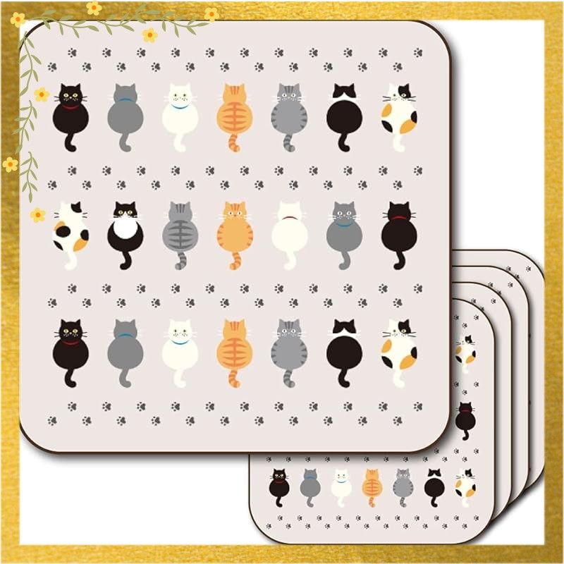 コースター「7匹の猫&あしあと」同柄5点セット イラスト かわいい 動物
