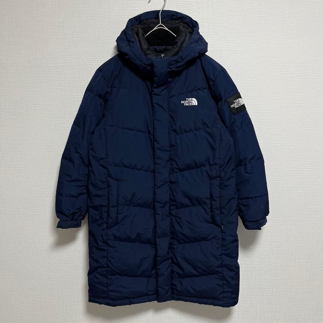 THE NORTH FACE ロングダウンジャケット キッズ140 アームロゴ ネイビー アウター ベンチコート