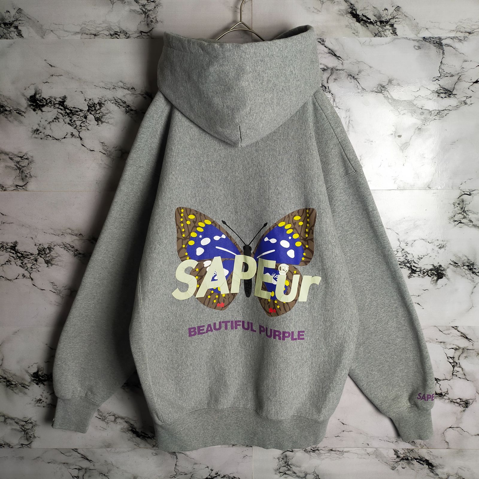 日*き様 SAPEur パーカー XL 激レア】SAPEur パーカー XL グレー バタフライ 蝶 ロゴ 両面プリント