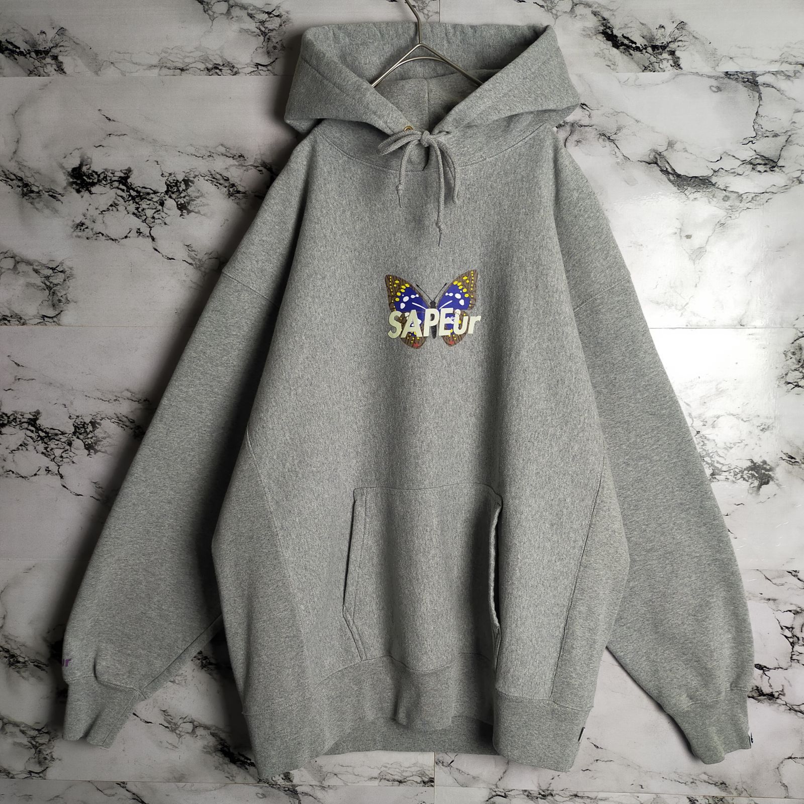 激レア】SAPEur パーカー XL グレー バタフライ 蝶 ロゴ 両面プリント