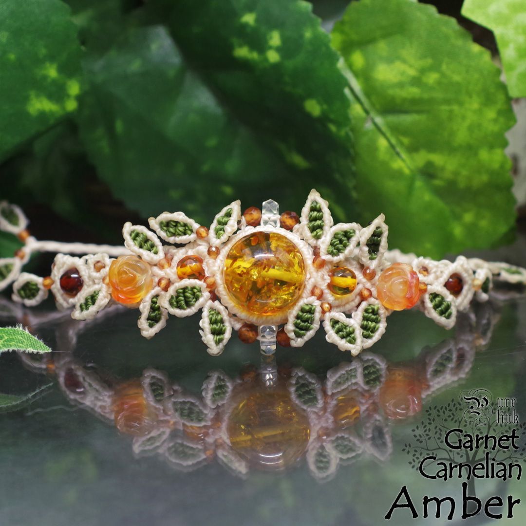 アンバー 琥珀 カーネリアン 薔薇と生命の樹マクラメ編ブレスレット 太陽の塊 女神の涙