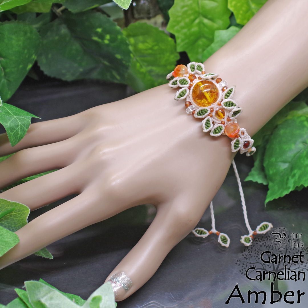  アンバー 琥珀 カーネリアン 薔薇と生命の樹マクラメ編ブレスレット 太陽の塊 女神の涙 ブレスレット バングル アクセサリー