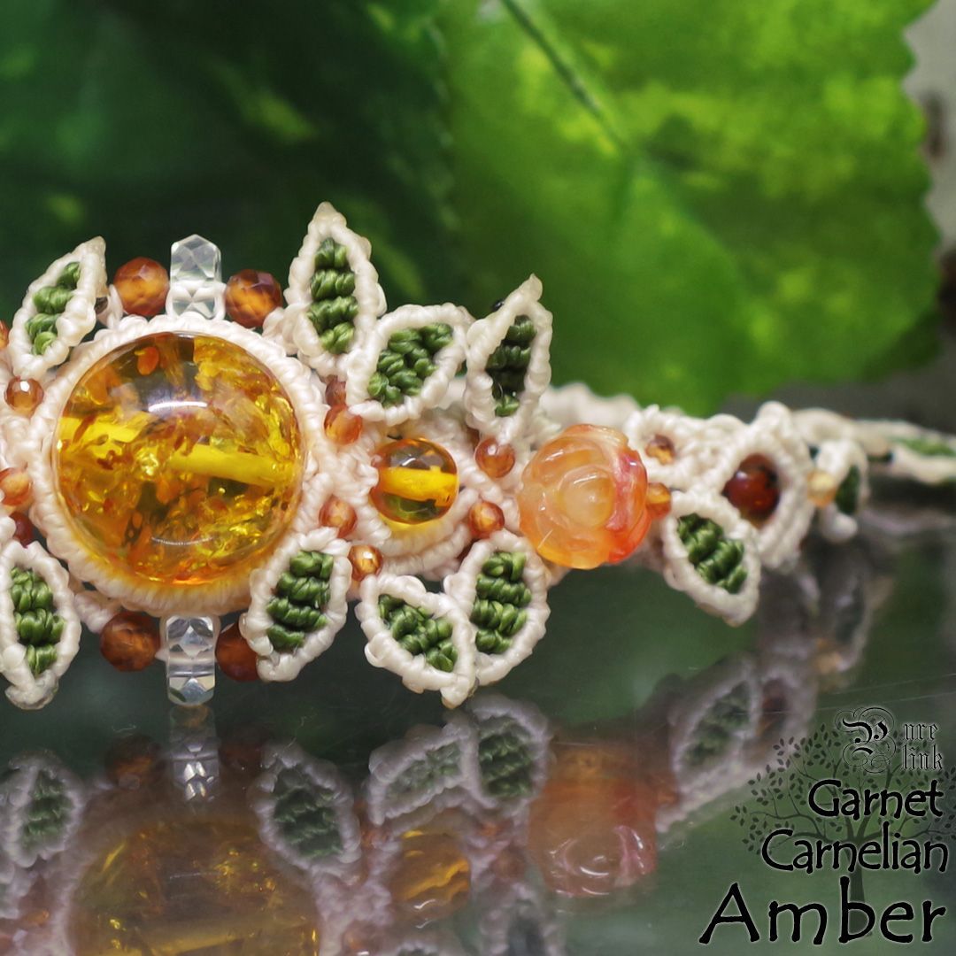 アンバー 琥珀 カーネリアン 薔薇と生命の樹マクラメ編ブレスレット 太陽の塊 女神の涙
