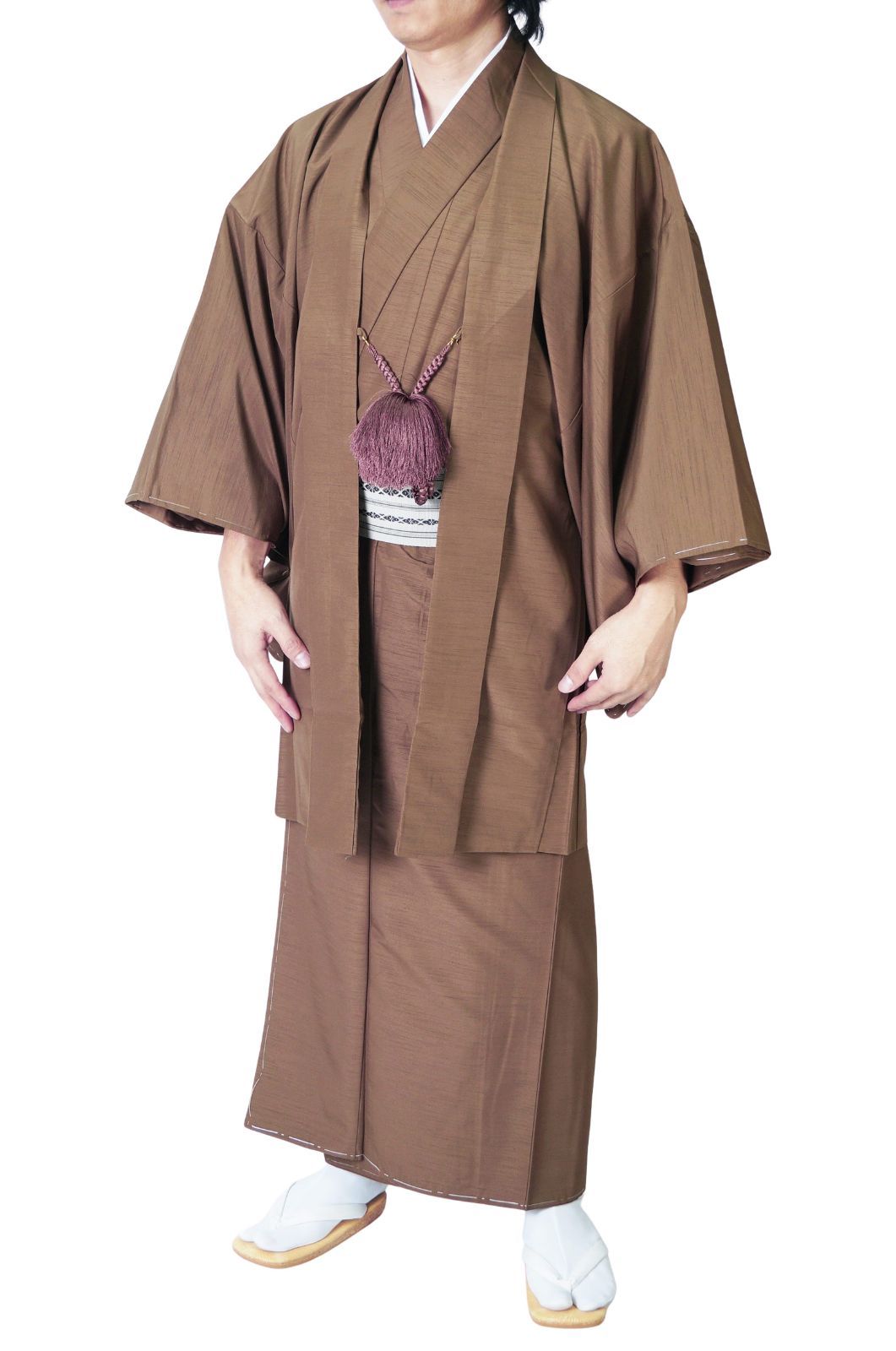 着物 男物 メンズ 洗える紬風 アンサンブル 羽織セット PO 71 11 2点セット S M L LL 3 4 5 栗