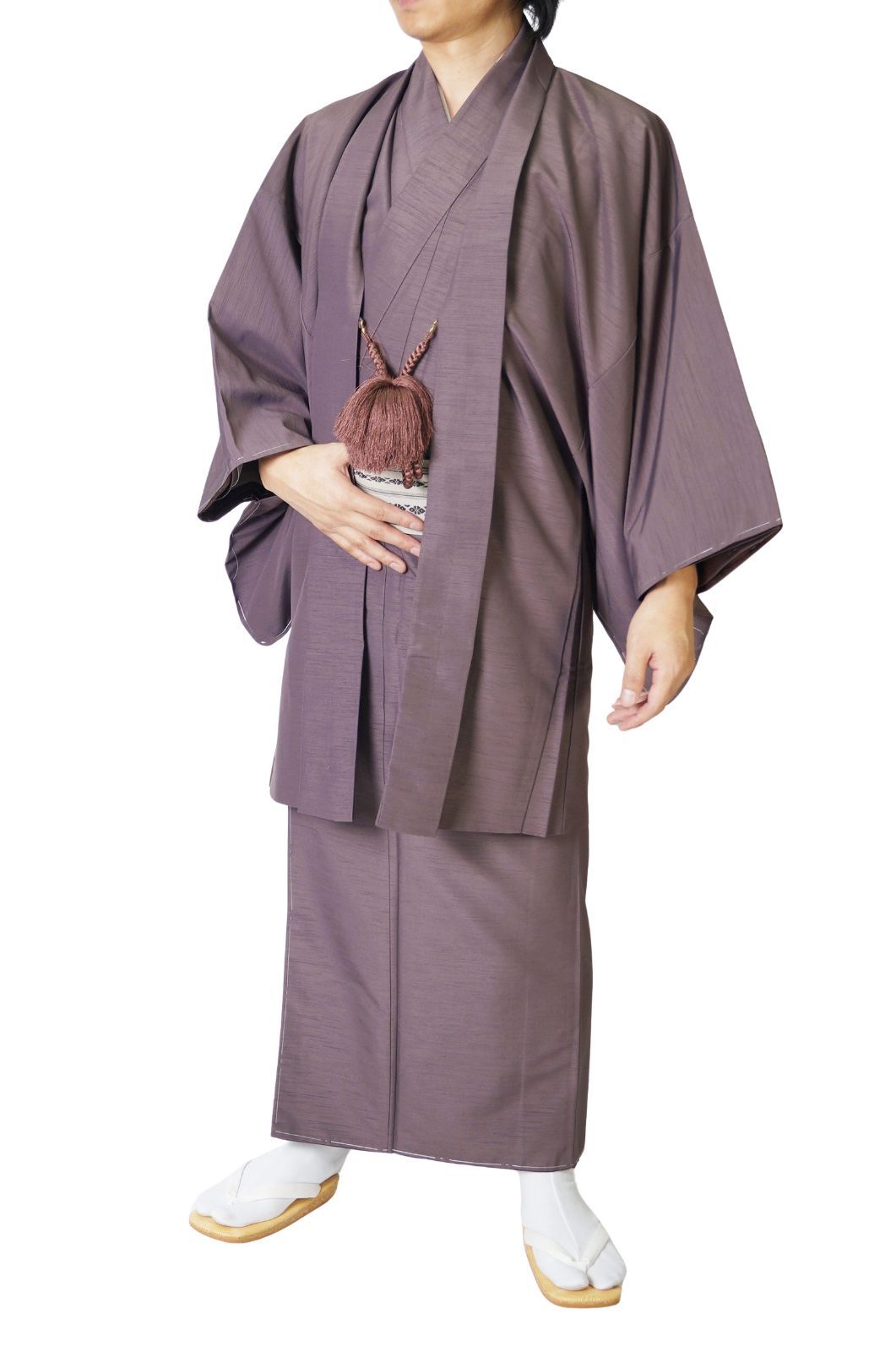 着物 男物 メンズ 洗える紬風 アンサンブル 羽織セット PO 71 11 2点セット S M L LL 3 4 5 紫鼠
