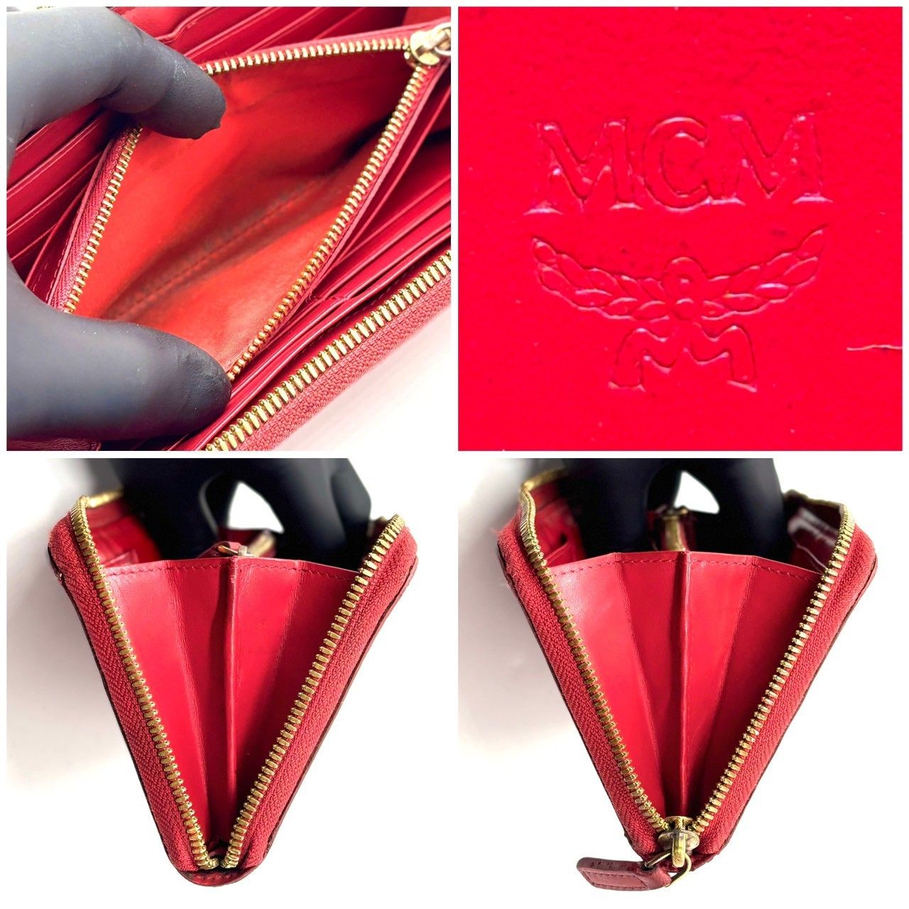 視線を奪う病み赤】 MCM 長財布 ラウンドファスナー ヴィセトス柄 ロゴ