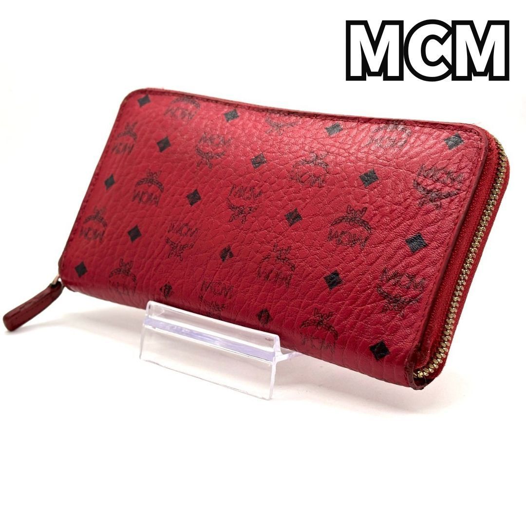 未使用品✨ MCM 長財布 レザー シボ革 ヴィセトス ラウンドファスナー 視線を奪う病み赤】 MCM 長財布 ラウンドファスナー ヴィセトス柄 ロゴ