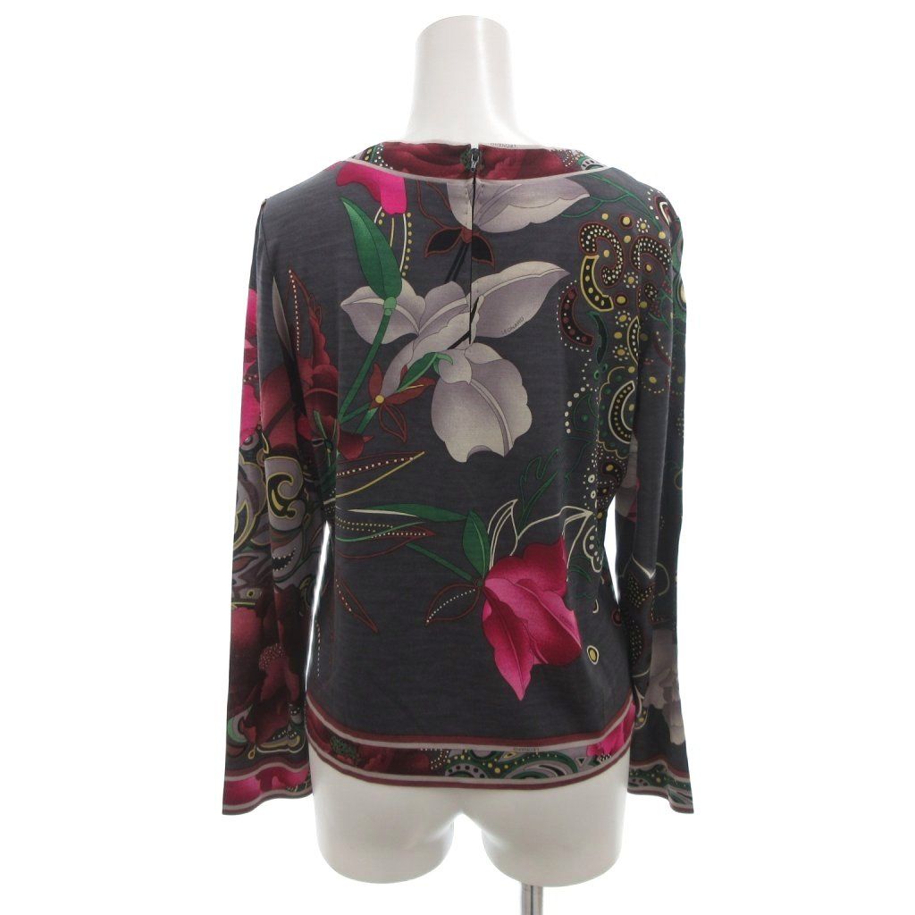 レオナール LEONARD カットソー シルク混 長袖 38 グレー 花柄 ボタニカル柄 ペイズリー柄 総柄 FF GY 62