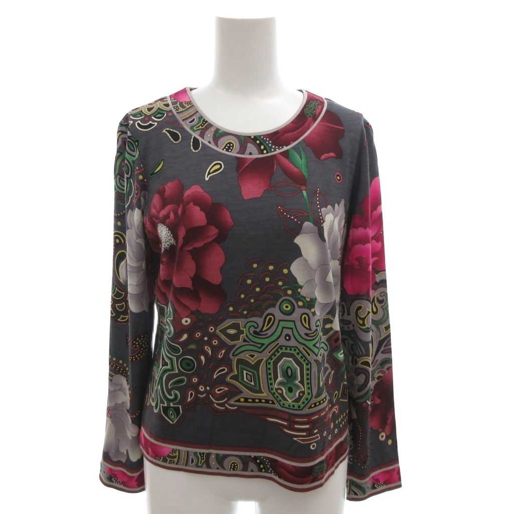 レオナール LEONARD カットソー シルク混 長袖 38 グレー 花柄