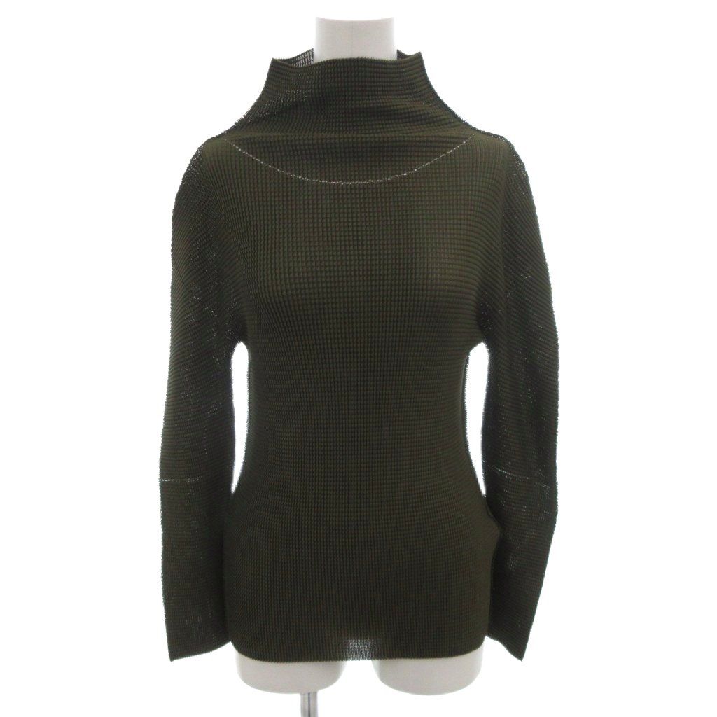 ミーイッセイミヤケ me ISSEY MIYAKE カットソー プリーツ ハイネック ワッフル カーキ 長袖 FF GY 62