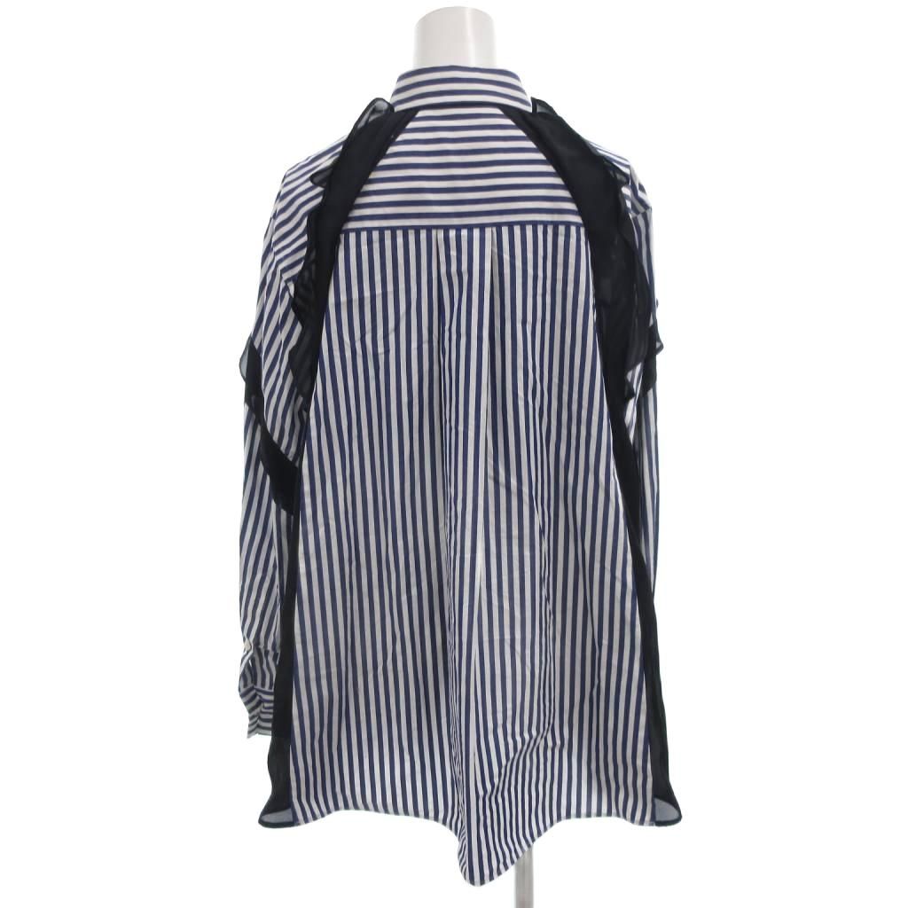 サカイ sacai フリルシャツ シアー切替 ストライプ 長袖 2 白 ホワイト