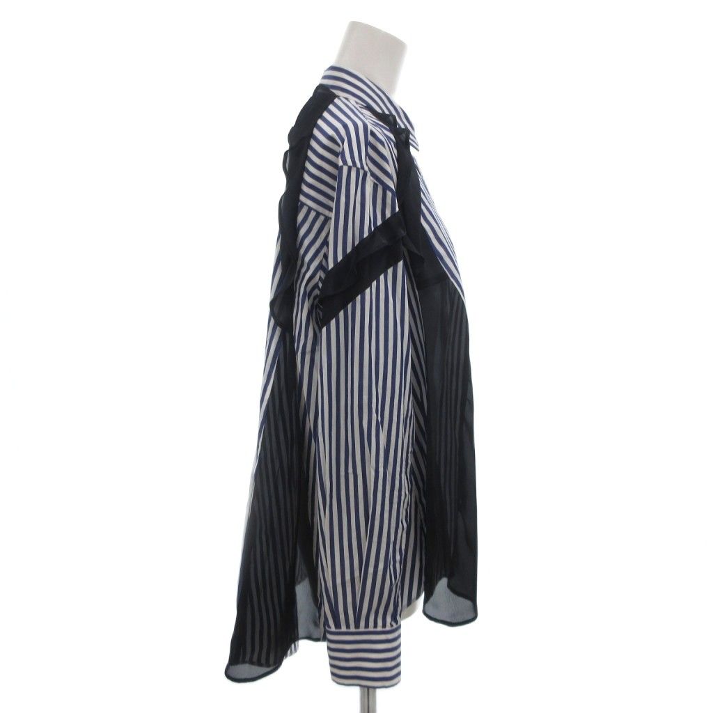 サカイ sacai フリルシャツ シアー切替 ストライプ 長袖 2 白 ホワイト