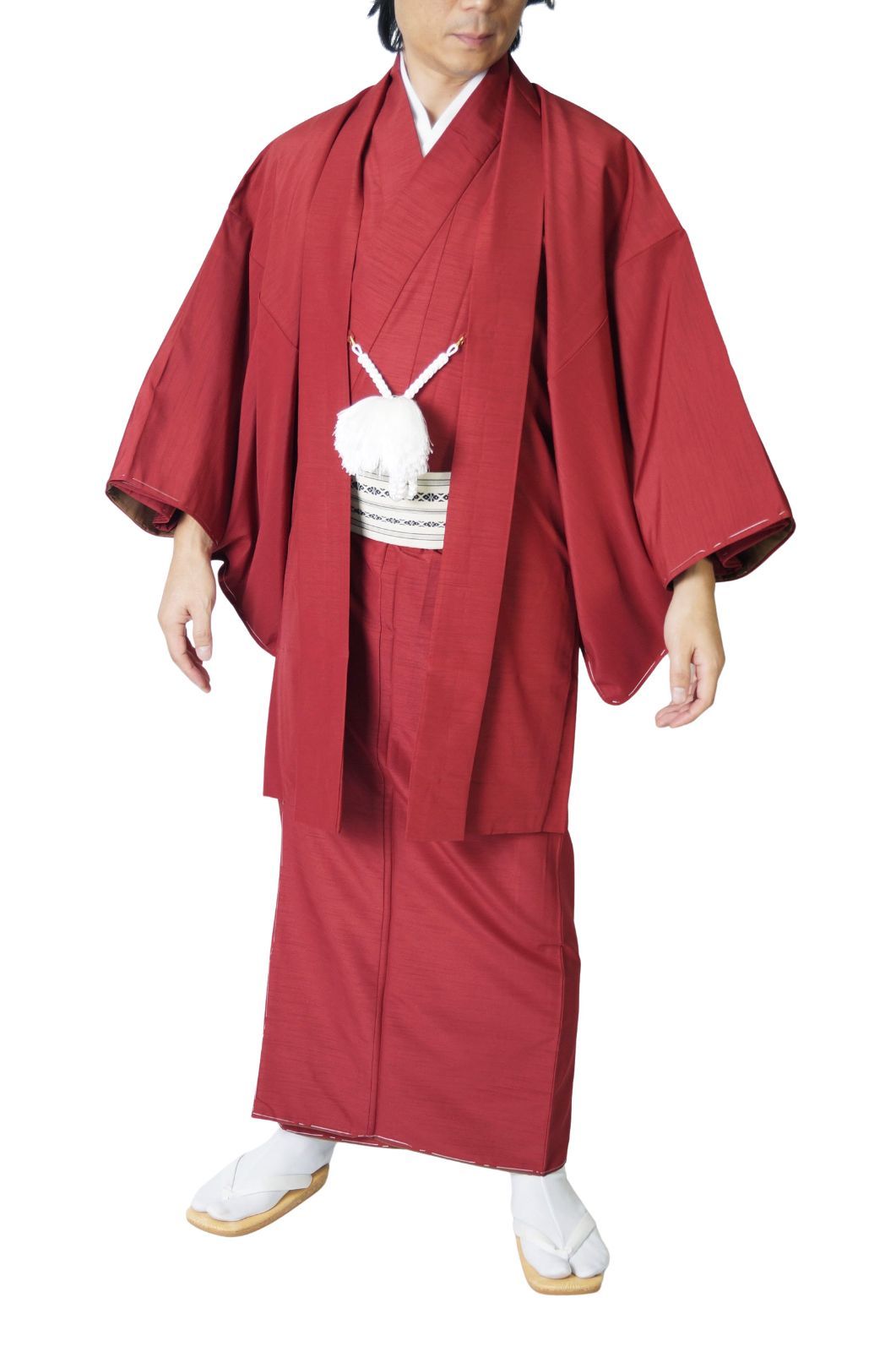 着物 男物 メンズ 洗える紬風 アンサンブル 羽織セット PO-71 11 2点セット S M L LL 3 4 5 赤