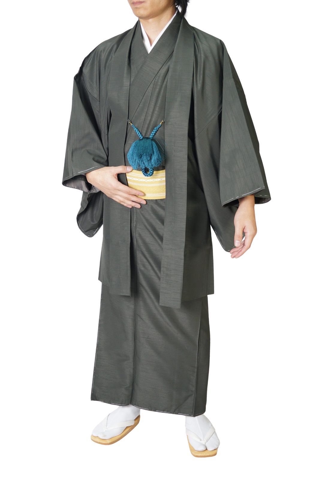 着物 男物 メンズ 洗える紬風 アンサンブル 羽織セット PO 71 11 2点セット S M L LL 3 4 5 深緑