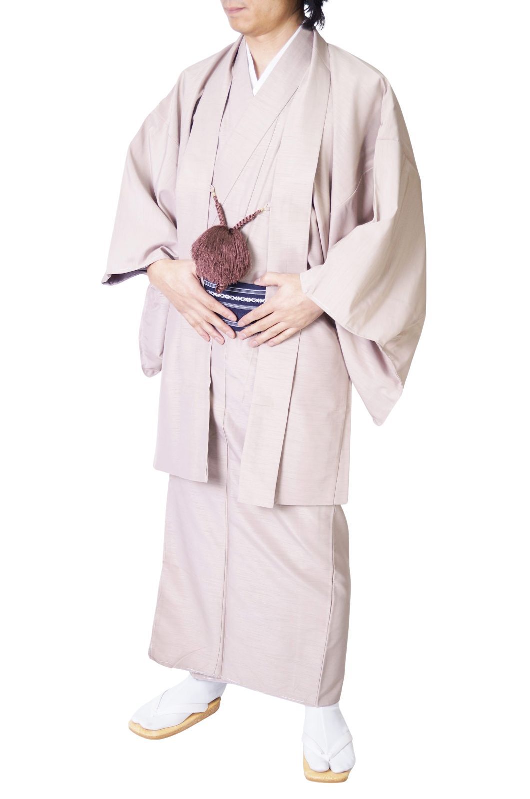 着物 男物 メンズ 洗える紬風 アンサンブル 羽織セット PO-71 11 2点セット S M L LL 3 4 5 白茶
