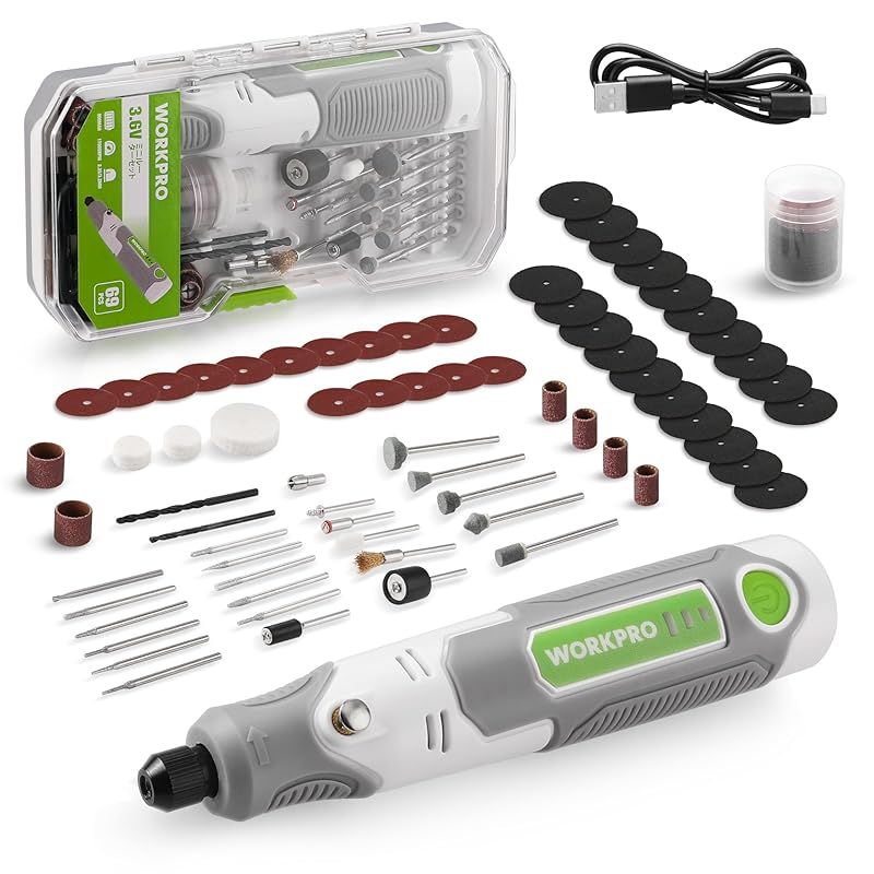 WORKPRO ミニルーター リューター 3.6V 69点組 17000RPM高速回転 3段変速 TYPE-C充電式 コードレス コンパクト 軽量 彫刻/穴あけ/研磨/切断/切削/つや出し/マニキュア/汚れ落とし 軽作業に向け ホワイ