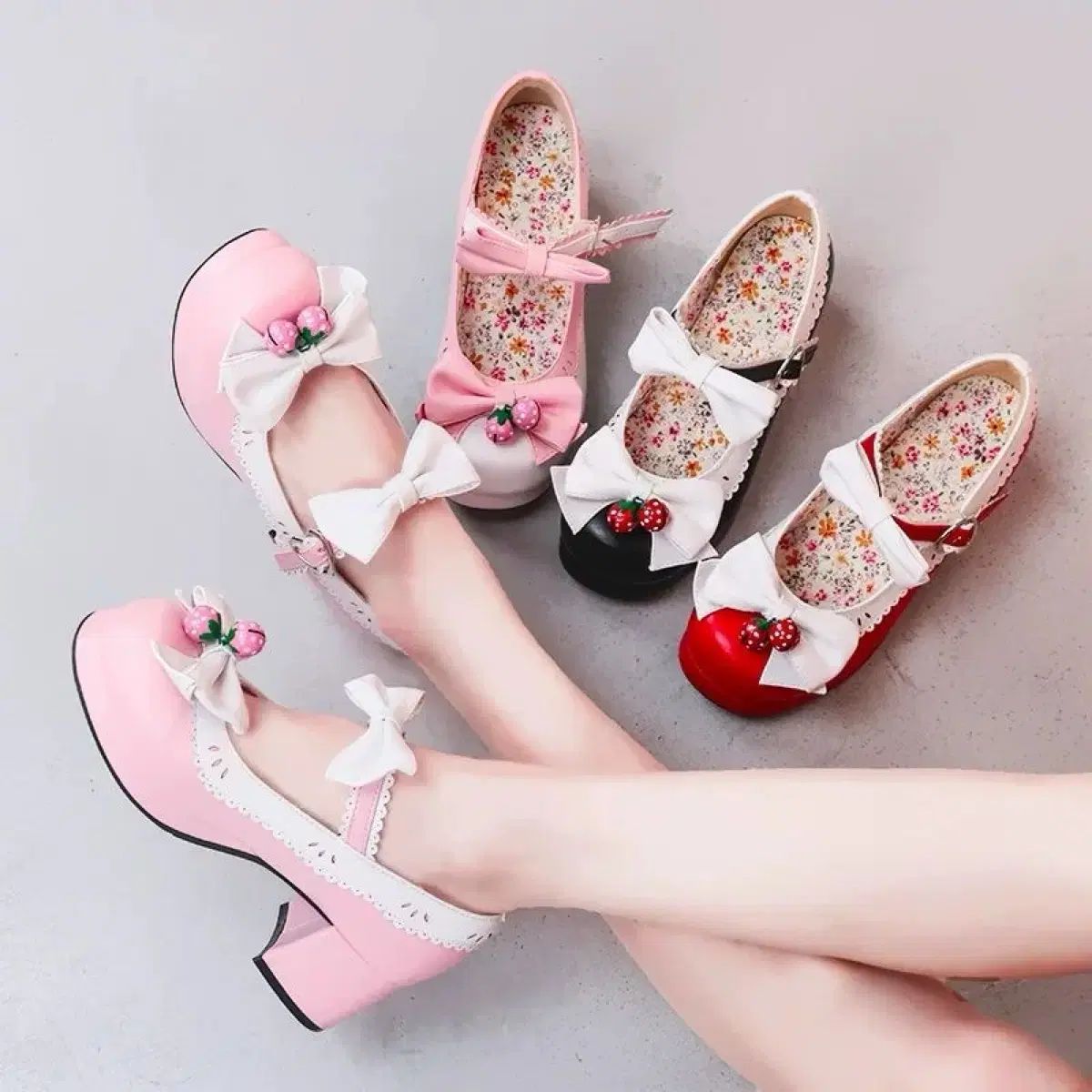 ロリータ 딸기 ボンボン LEE リボン フラットフォーム 厚底 靴 4 COLOR