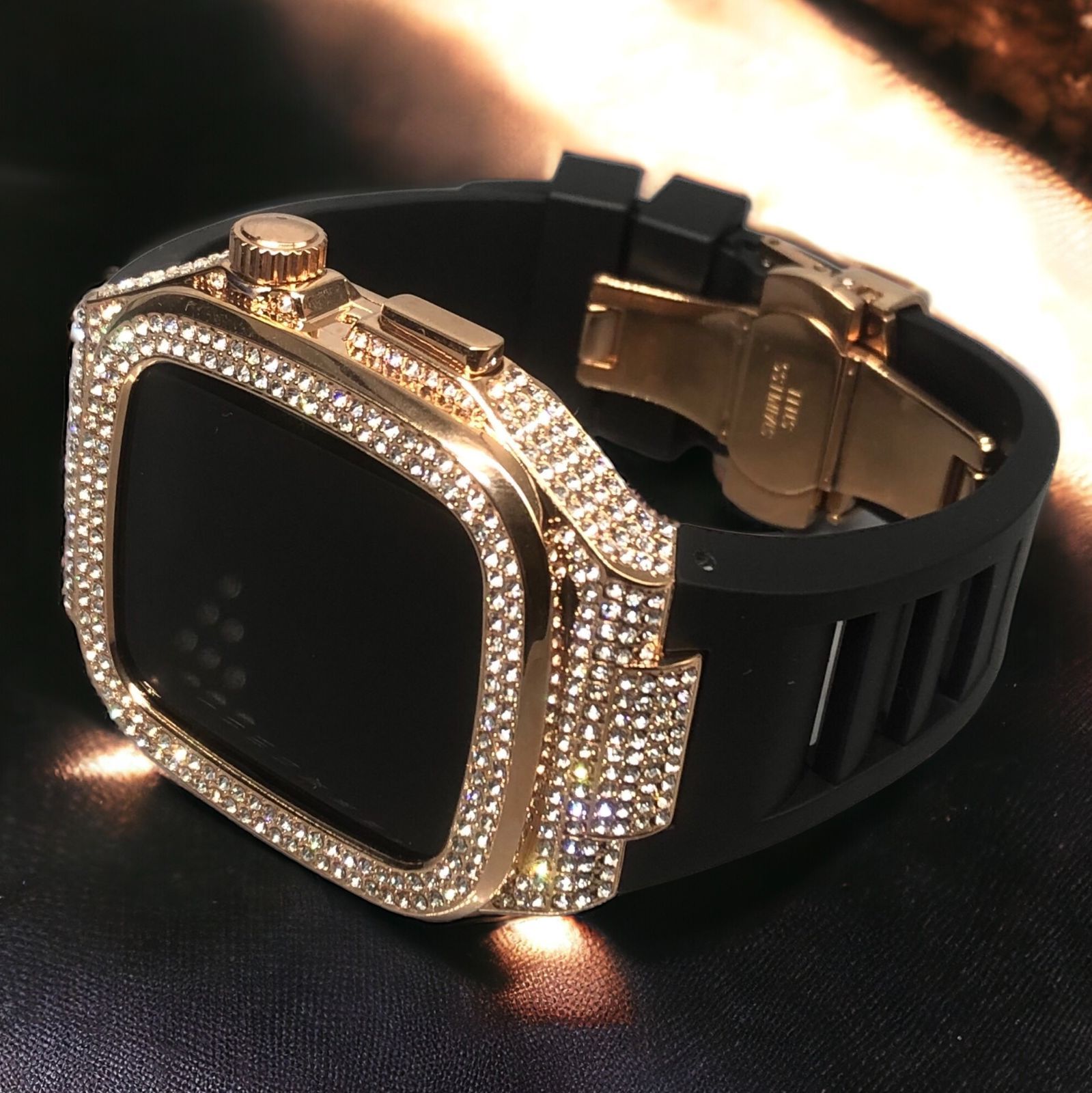 GimelZayinセット cs ブラック ローズゴールド アップルウォッチ ラバーベルト ステンレス Apple Watch キラキラ ケース カバー 44 mm 45 46 バンド
