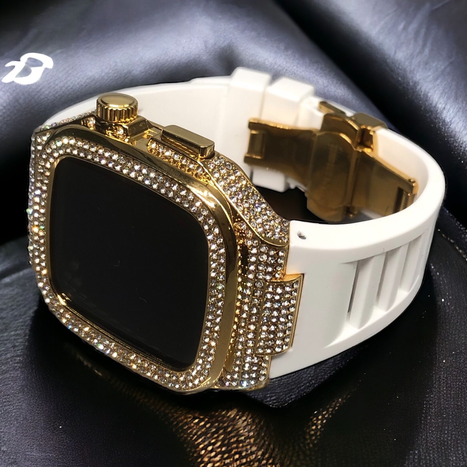 GimelZayinセット cs ホワイト ゴールド アップルウォッチ ラバーベルト ステンレス Apple Watch キラキラ ケース カバー 44 mm 45 46 バンド