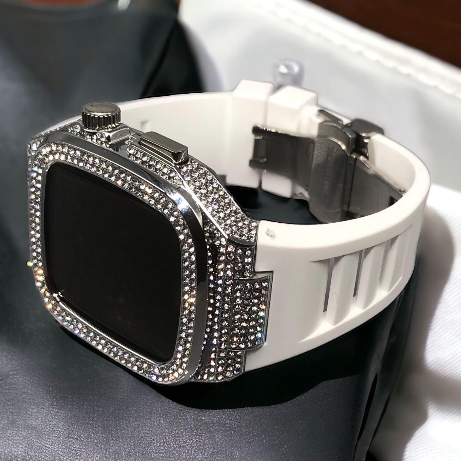 GimelZayinセット cs シルバー ホワイト アップルウォッチ ラバーベルト ステンレス Apple Watch キラキラ ケース カバー 44 mm 45 46 バンド
