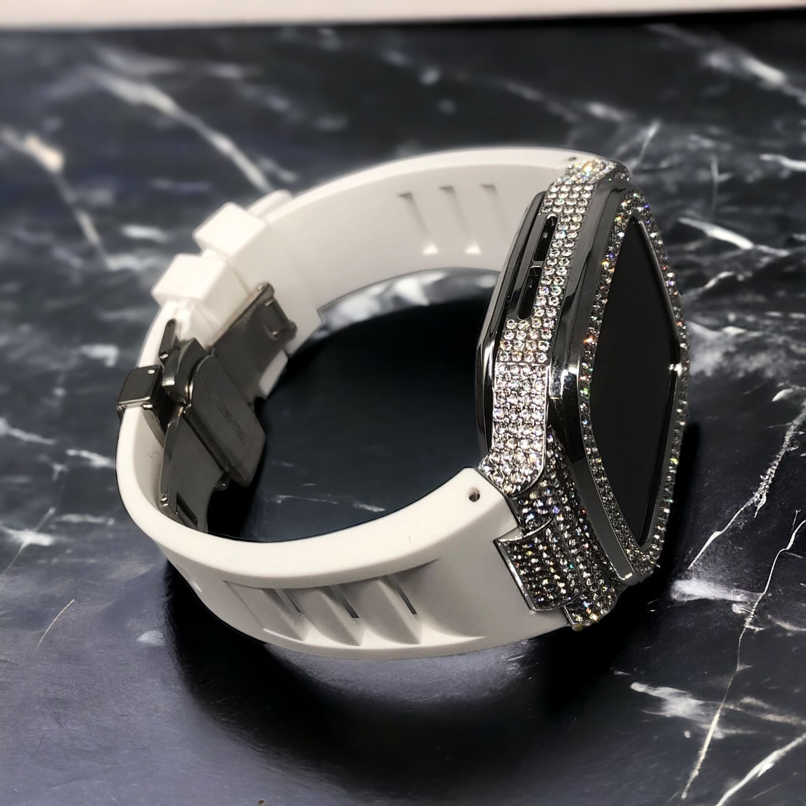 GimelZayinセット cs シルバー ホワイト アップルウォッチ ラバーベルト ステンレス Apple Watch キラキラ ケース カバー 44 mm 45 46 バンド