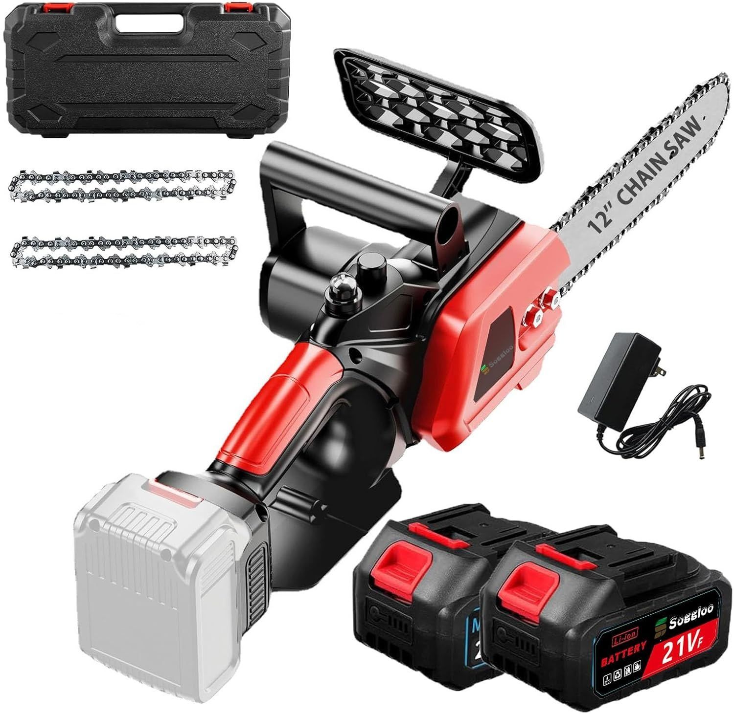 チェーンソー 充電式 12インチ 電動ちえーんソー 21 V 大容量4 0 Ahバッテリー 付き ブラシレスモーター搭載 自動給油 軽量1 9 kg 片手操作 強力 最大切断幅30 cm 18 V電池互換 収納ケース付き 4