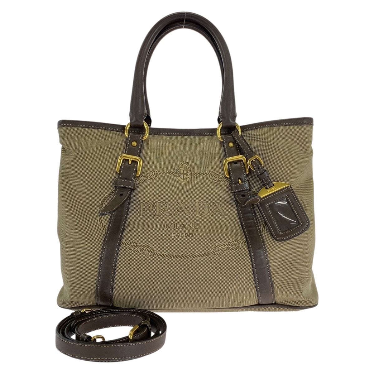 美品 PRADA プラダ ロゴジャガード 三角ロゴプレート カーキ ブラウン