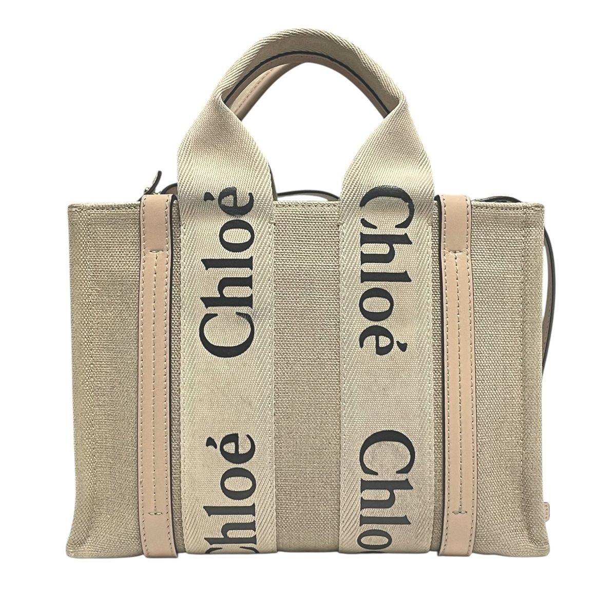 Chloe クロエ リネン製 Woodyスモールトートバッグ ショルダーバッグ ベージュ キャンバス ピンク カーフレザー 3 way MK