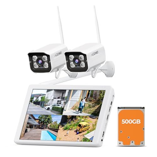 400万画素 金属外殻 防犯カメラ 屋外 ACEMO 監視カメラ モニター付き ワイヤレス 無線 夜間 暗視撮影 AI動体検知 投光威嚇 音声威嚇 警報通知 双方向音声通話 簡単設定 屋内 家庭用 2台 セット 10チャンネルまで増設可 I
