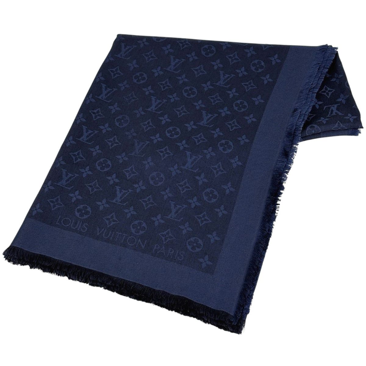 ルイ ヴィトン Louis Vuitton ショール モノグラム ストール フリンジ シルク ウール ネイビー レディース