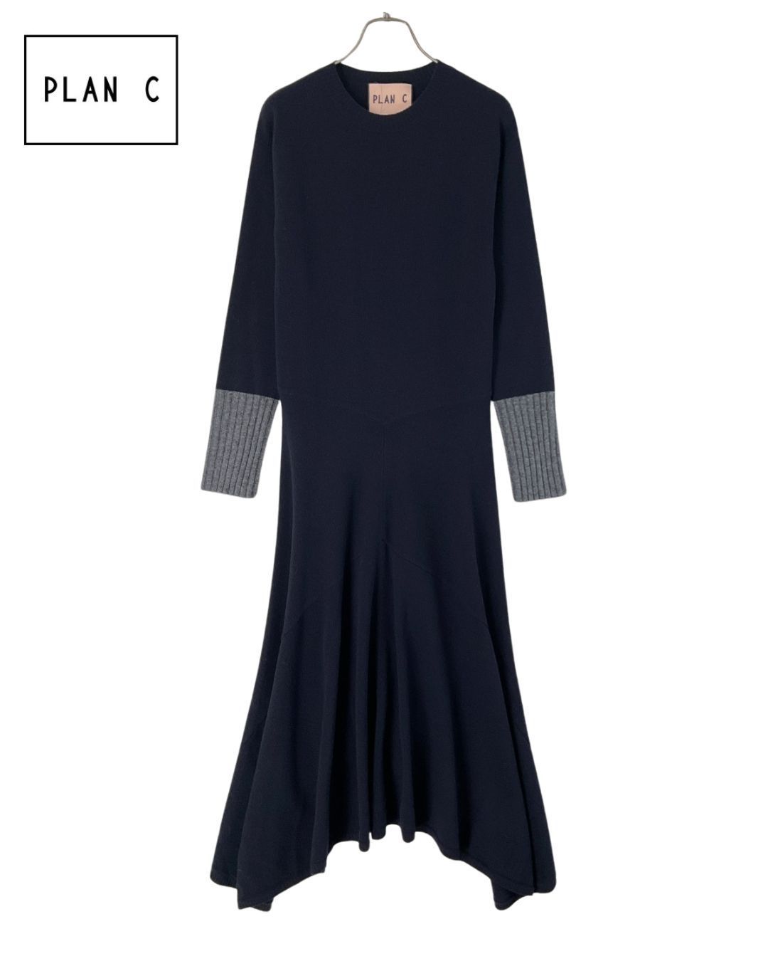 PLAN C プランシー 切り替えニットロングワンピース ドレス 36 ネイビー×グレー げ交渉