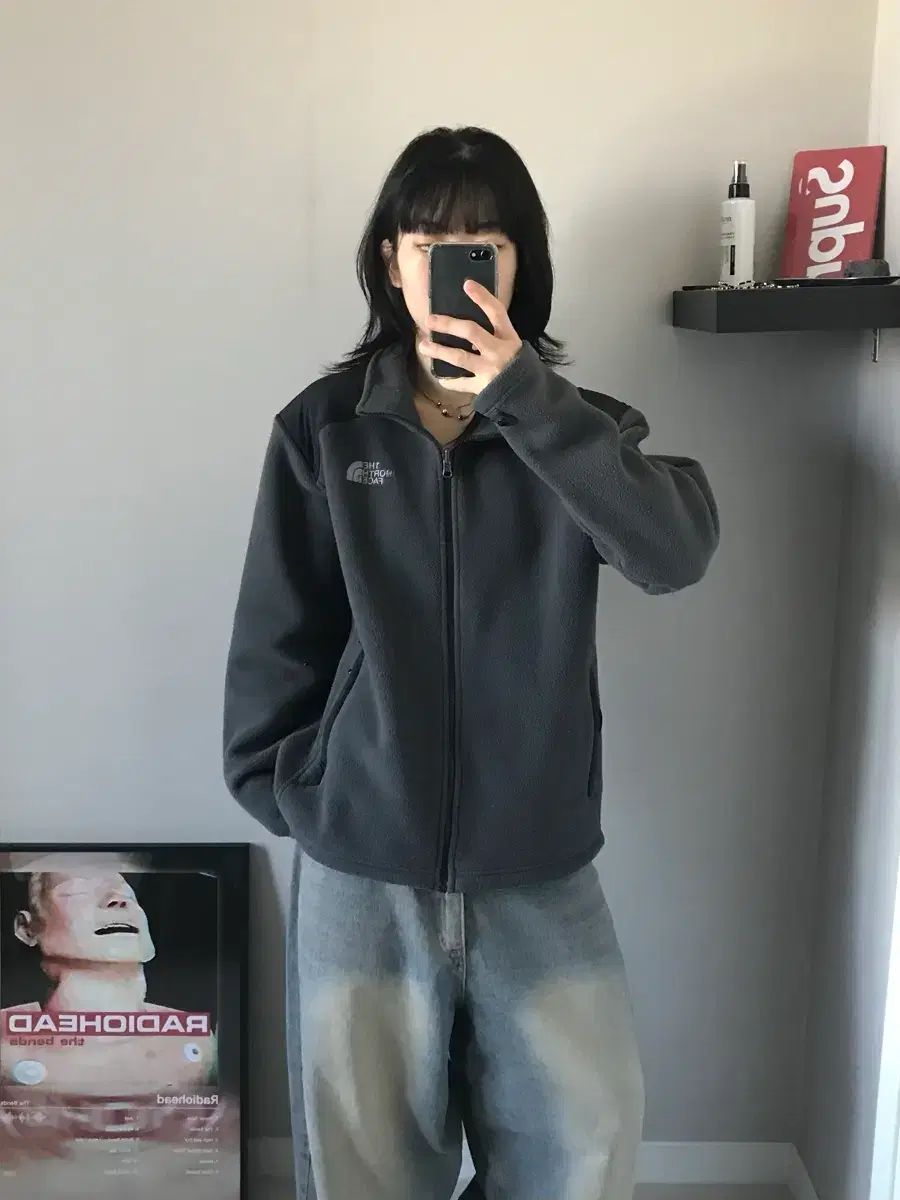 ザノースフェイス ロゴ グレー フリース ジップアップ